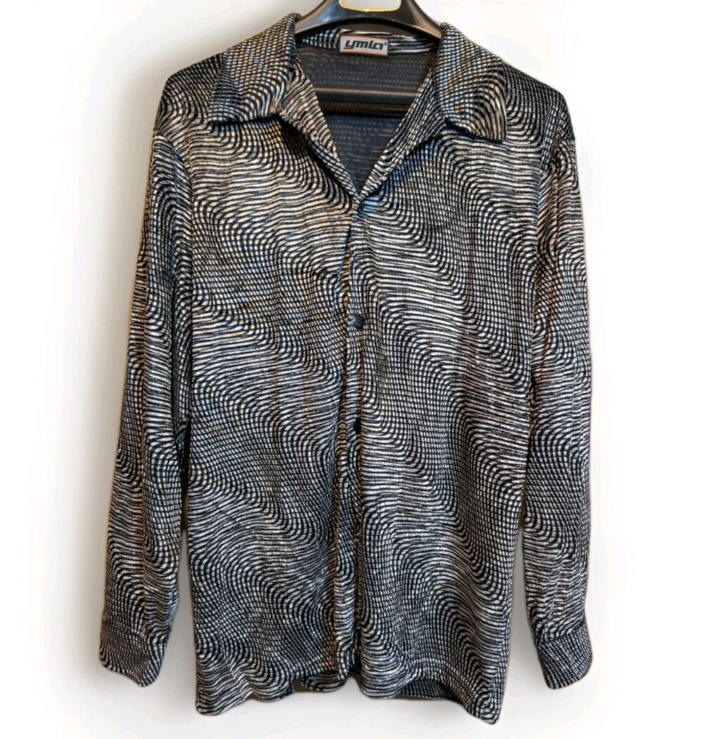 Vintage YMLA Shirt Mens M Black Velvet Burnout Button Up Disco Rave Club 90s Y2K